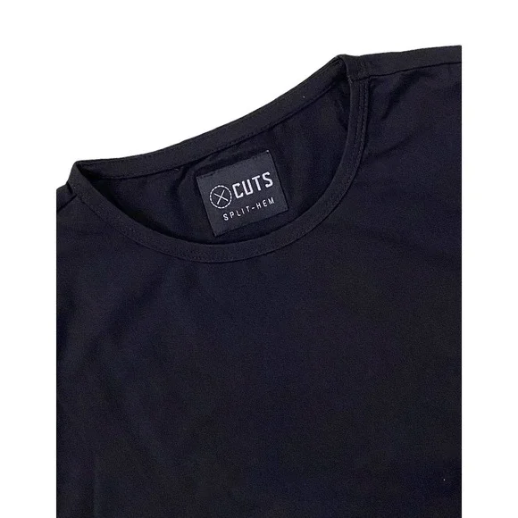 Cuts Clothing Men's Split Hem Crew Neck 4 Way Stretch Tee T-Shirt in Black - Picture 7 of 8